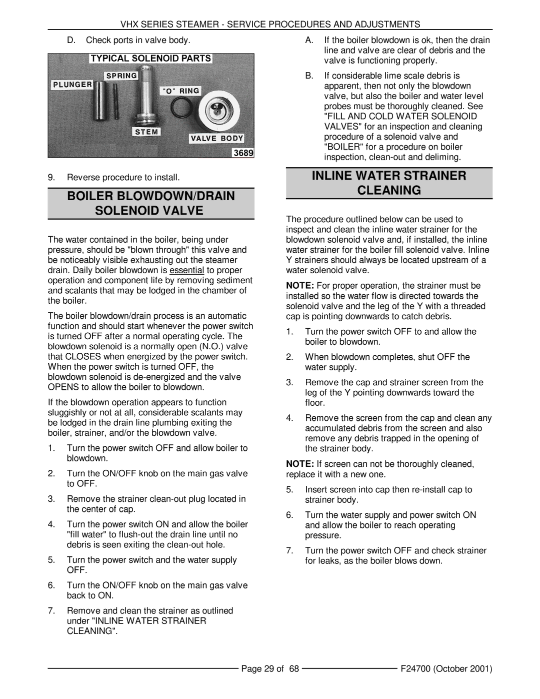 Vulcan-Hart VHX24G5, MHB24G manual Boiler BLOWDOWN/DRAIN Solenoid Valve, Inline Water Strainer Cleaning 