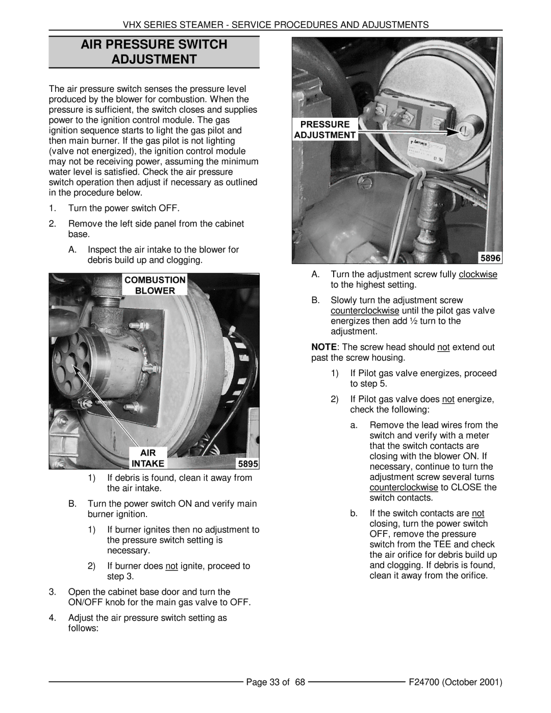 Vulcan-Hart MHB24G, VHX24G5 manual AIR Pressure Switch Adjustment 