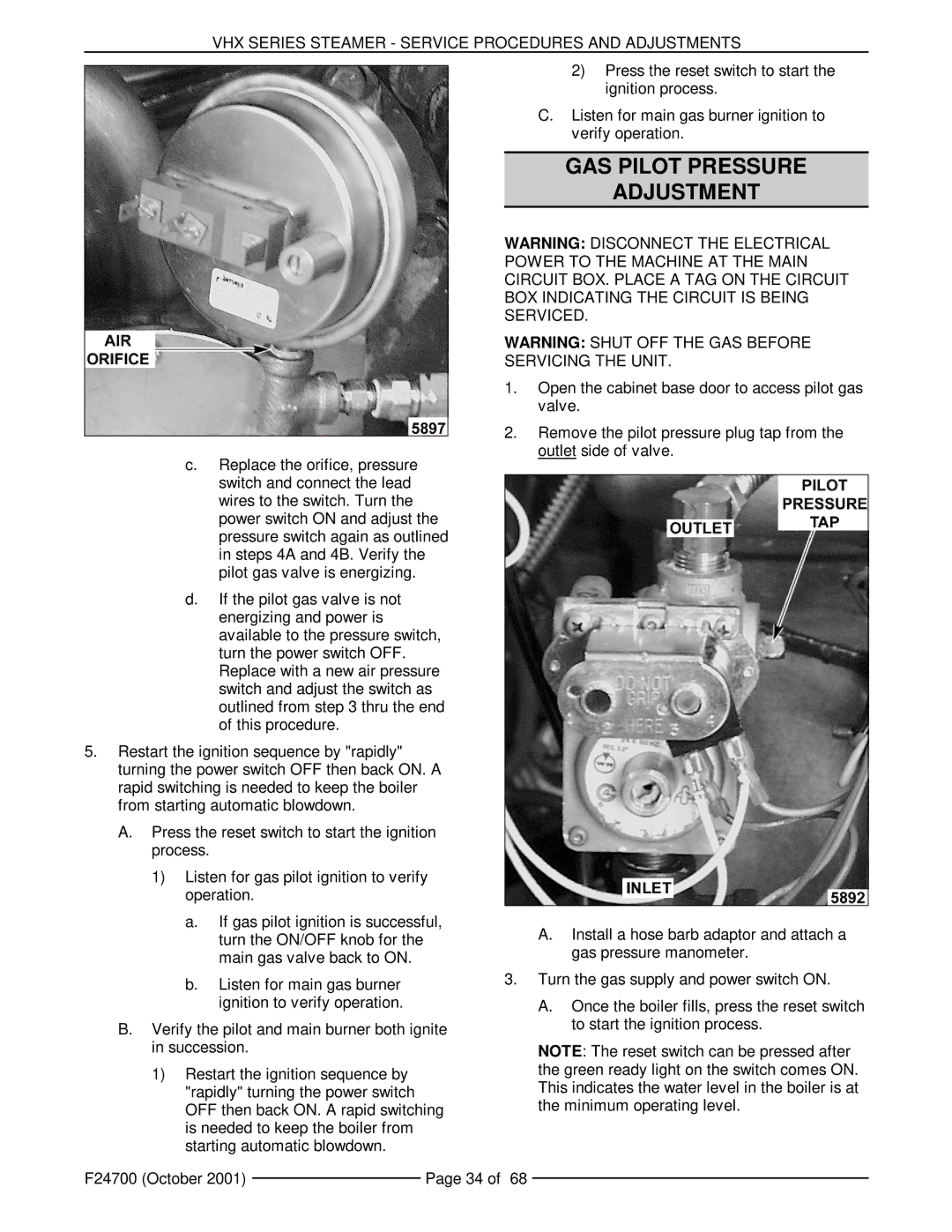 Vulcan-Hart MHB24G, VHX24G5 manual GAS Pilot Pressure Adjustment 