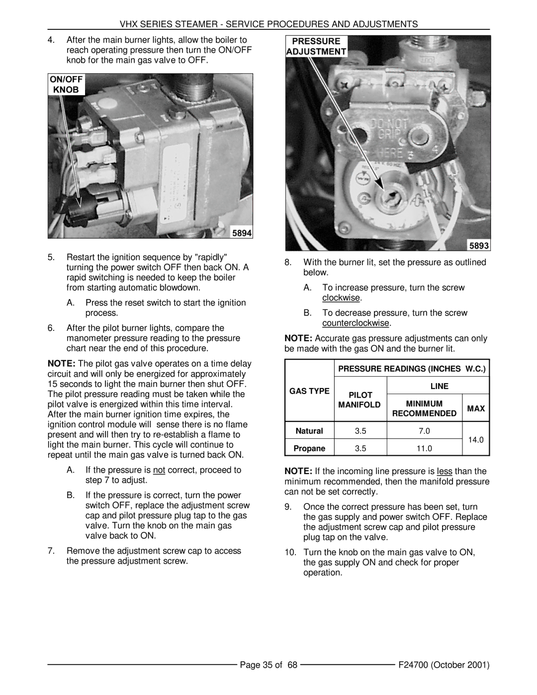 Vulcan-Hart VHX24G5, MHB24G manual Pressure Readings Inches W.C 