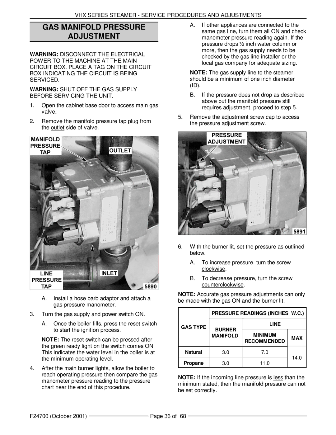 Vulcan-Hart MHB24G, VHX24G5 manual GAS Manifold Pressure Adjustment 