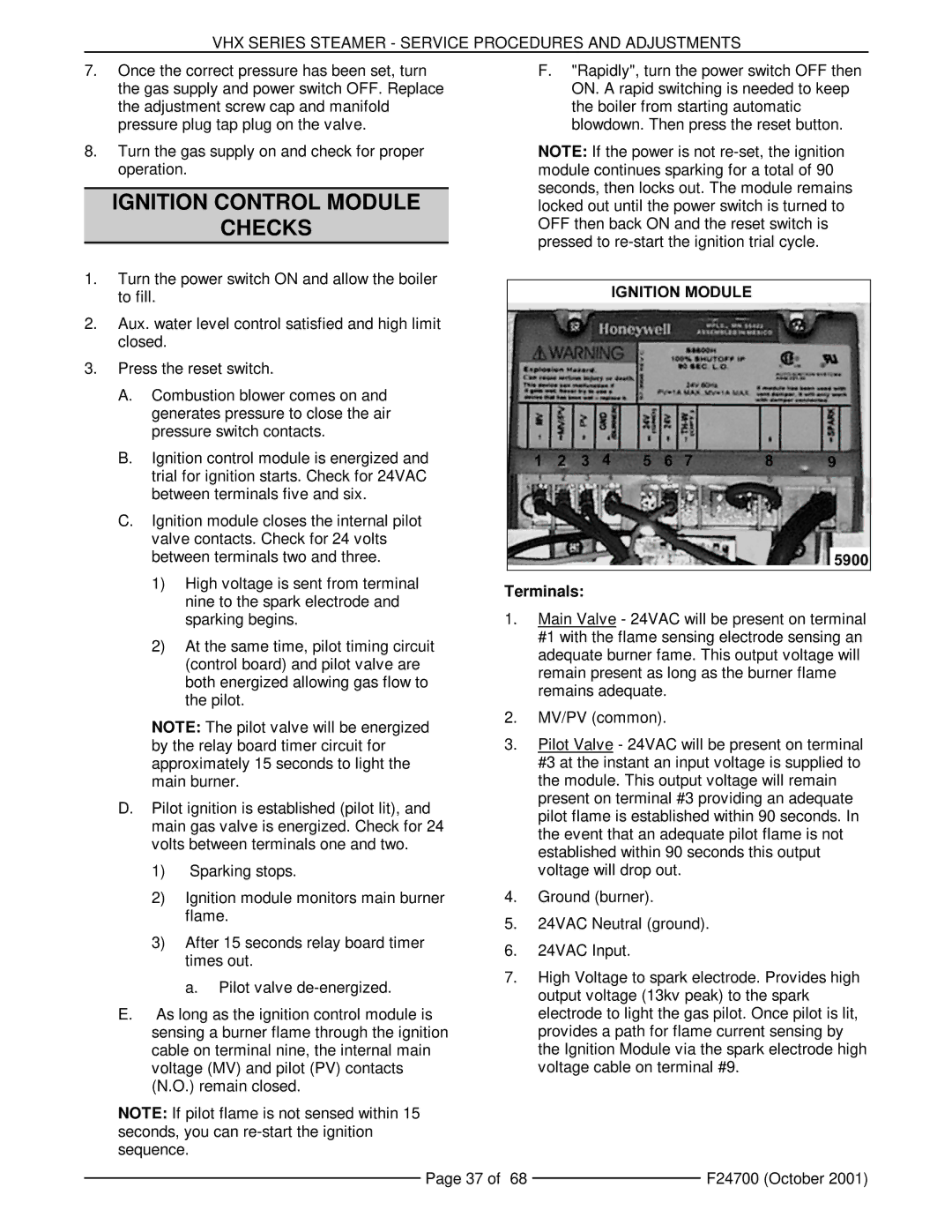 Vulcan-Hart MHB24G, VHX24G5 manual Ignition Control Module Checks, Terminals 