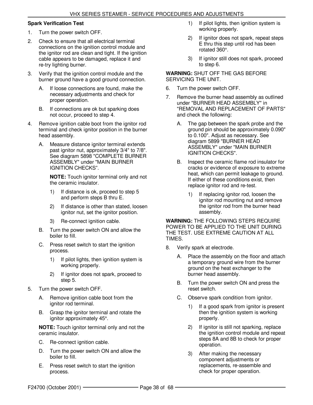 Vulcan-Hart VHX24G5, MHB24G manual Spark Verification Test 