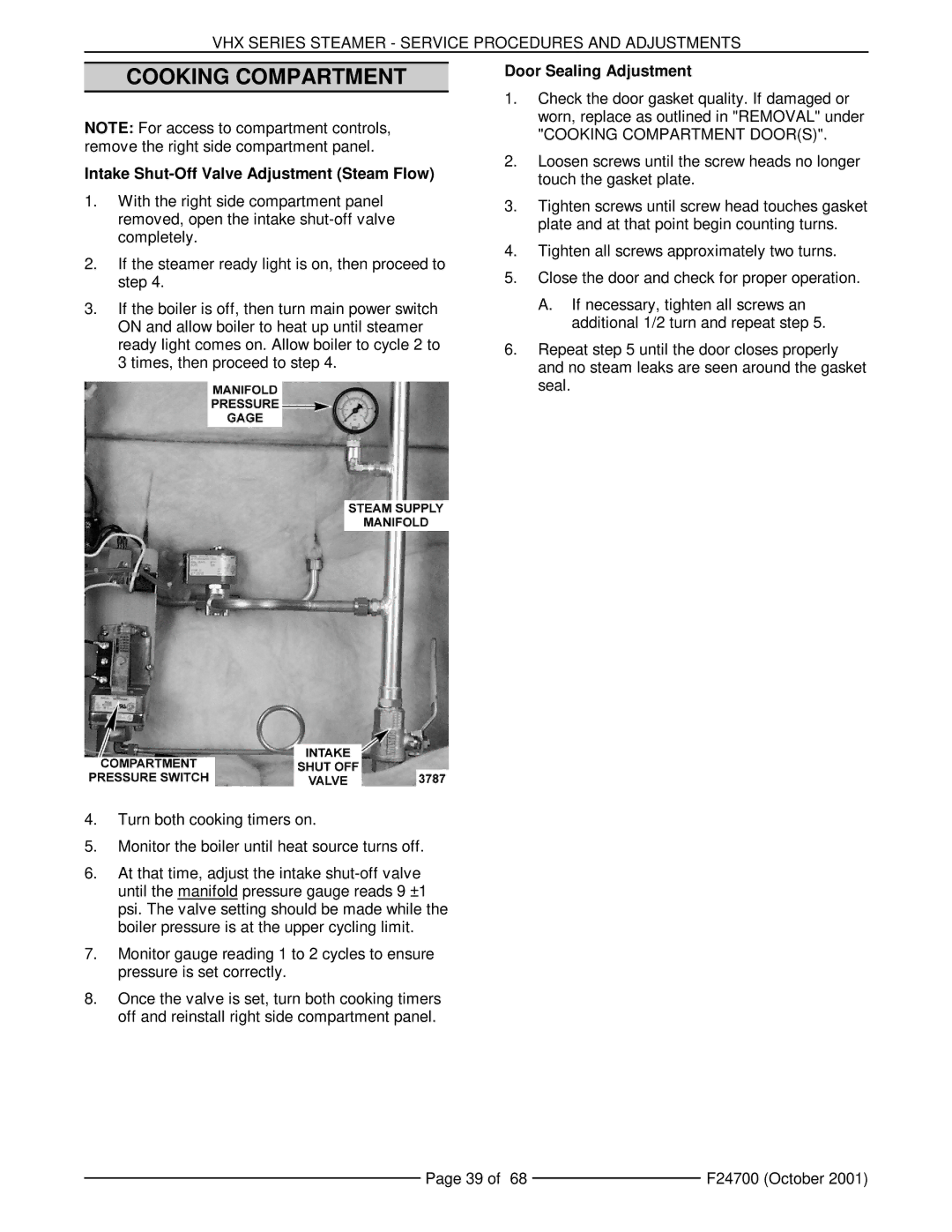 Vulcan-Hart MHB24G, VHX24G manual Cooking Compartment, Intake Shut-Off Valve Adjustment Steam Flow, Door Sealing Adjustment 