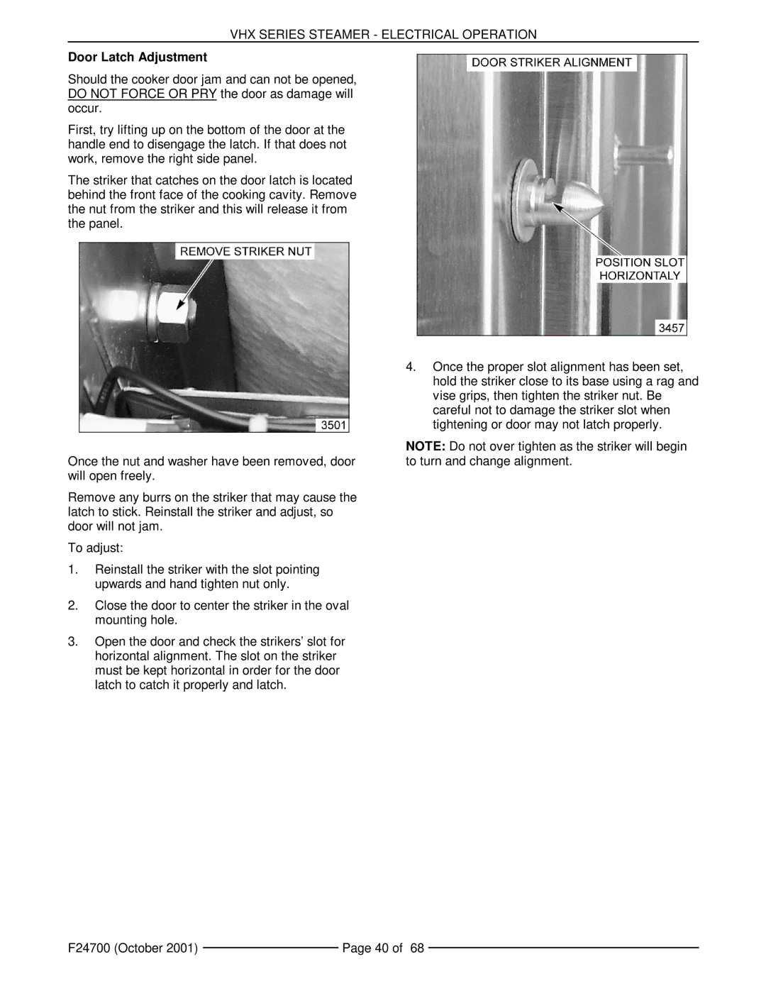 Vulcan-Hart MHB24G, VHX24G5 manual VHX Series Steamer Electrical Operation, Door Latch Adjustment 