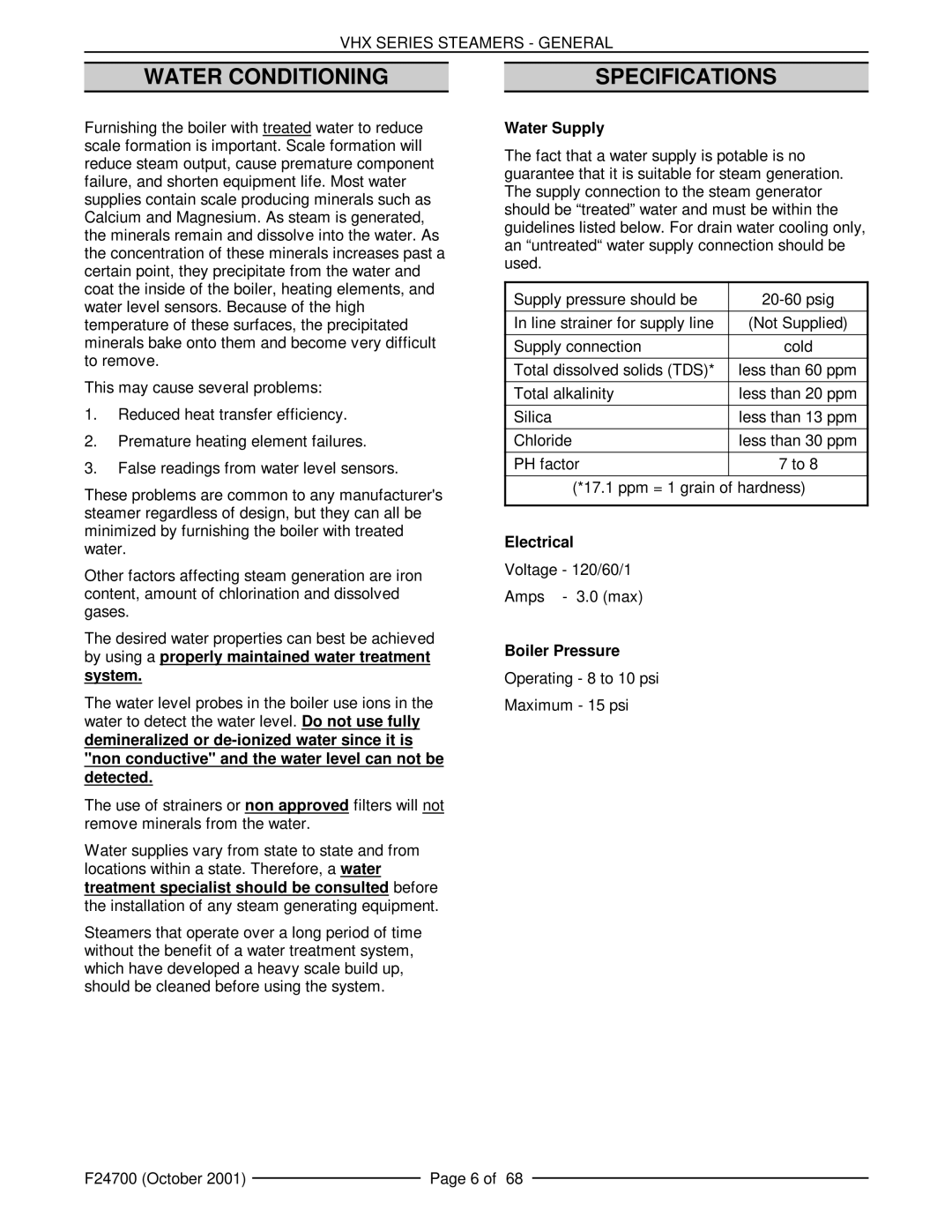 Vulcan-Hart MHB24G, VHX24G5 manual Water Conditioning Specifications, System, Water Supply, Electrical, Boiler Pressure 