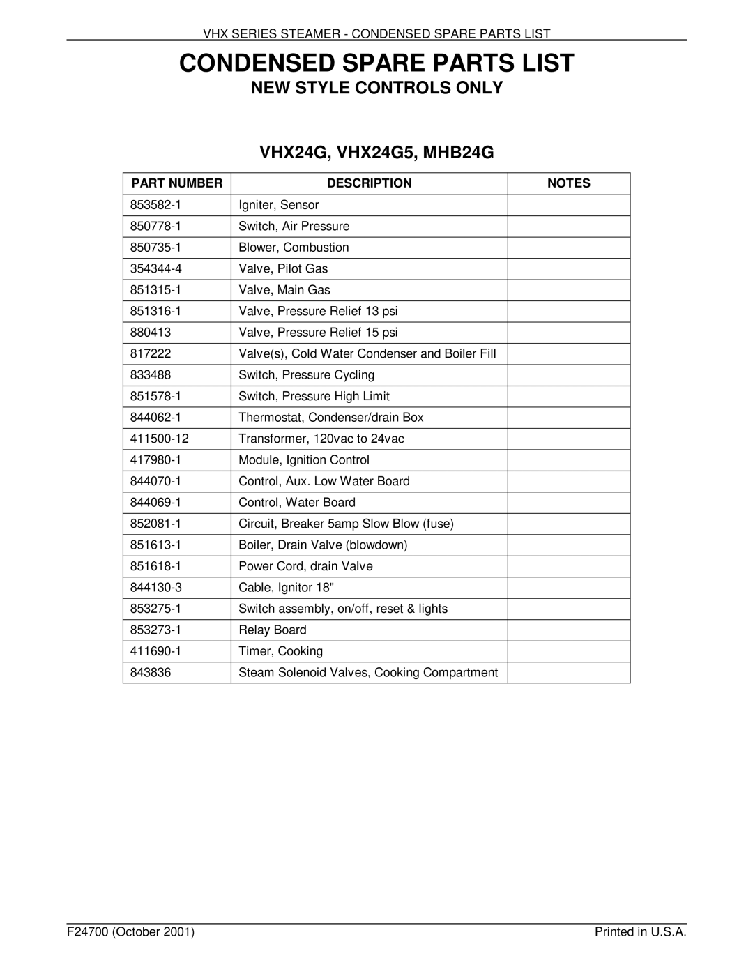 Vulcan-Hart manual Condensed Spare Parts List, NEW Style Controls only VHX24G, VHX24G5, MHB24G 