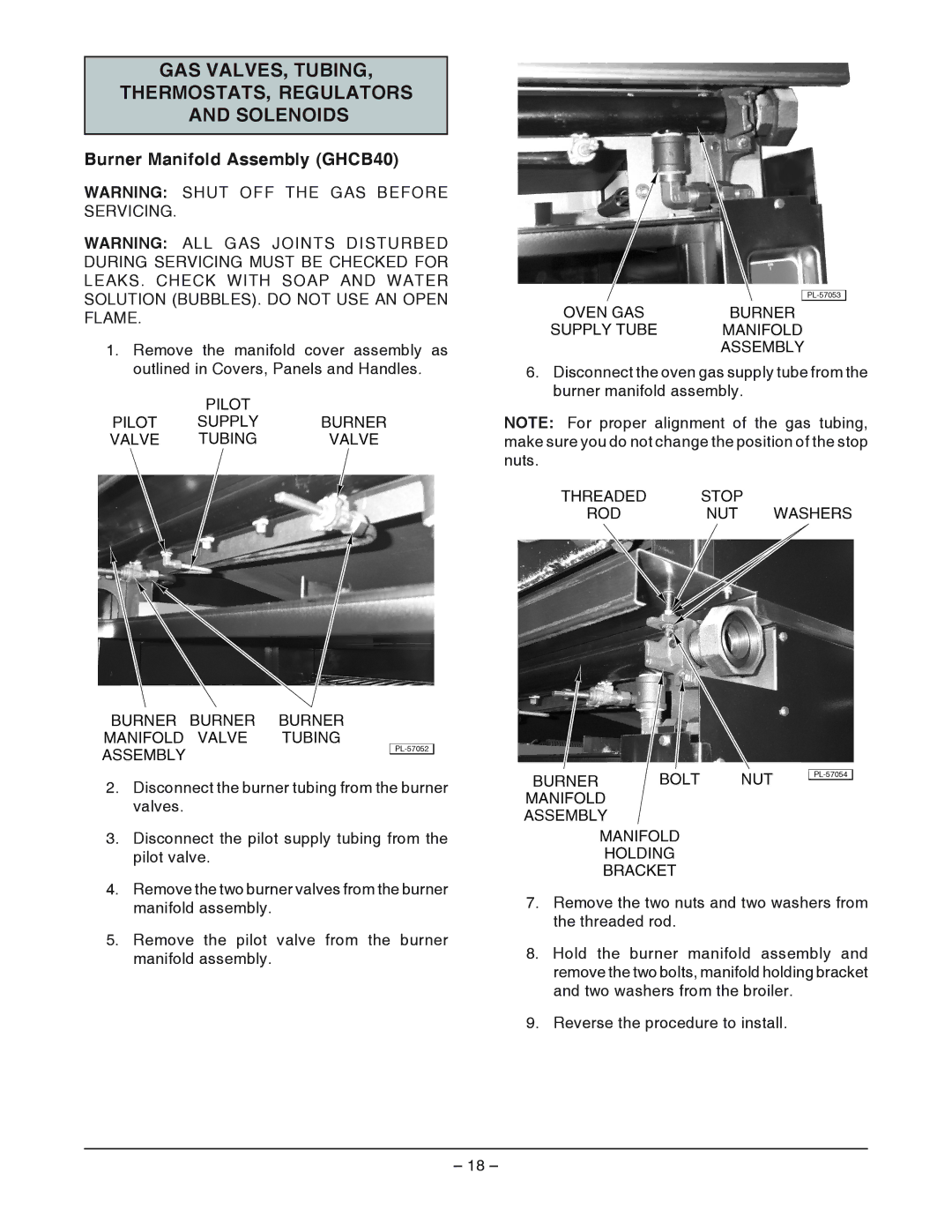 Vulcan-Hart ML-052200, ML-052211, IR1 GAS VALVES, Tubing THERMOSTATS, Regulators Solenoids, Burner Manifold Assembly GHCB40 