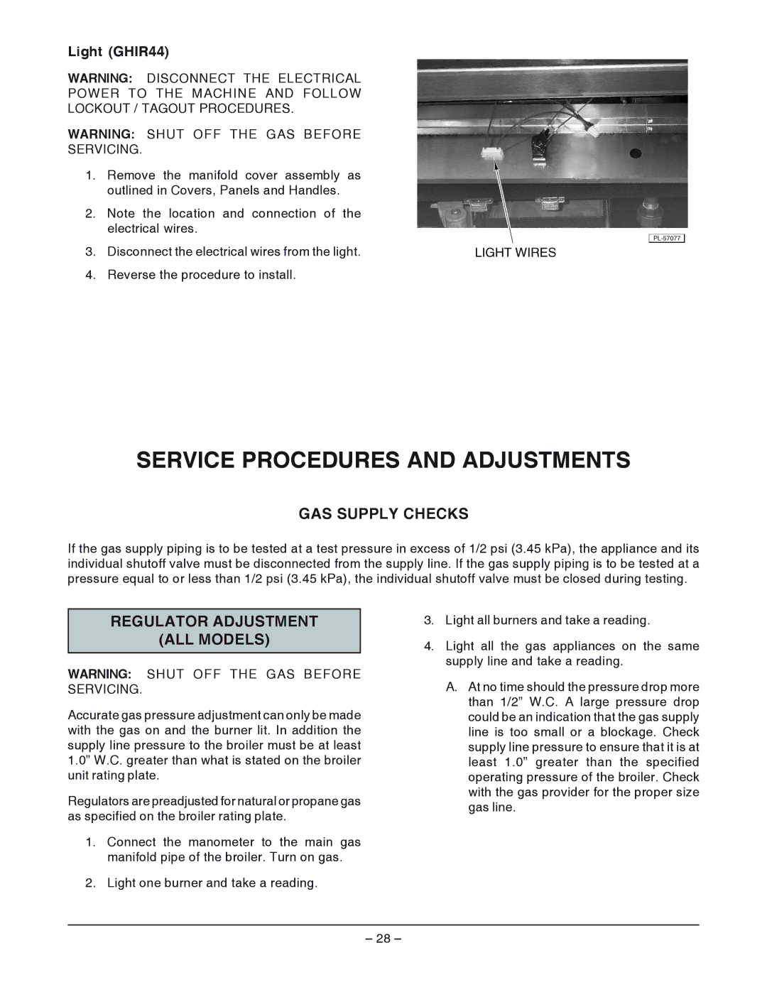 Vulcan-Hart HCB1, IR1 Service Procedures and Adjustments, GAS Supply Checks, Regulator Adjustment ALL Models, Light GHIR44 