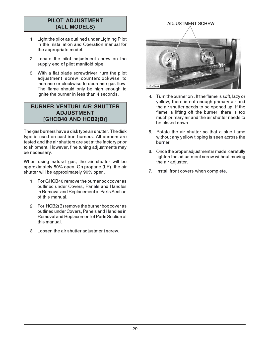 Vulcan-Hart GHCB44, ML-052211, ML52210 Pilot Adjustment ALL Models, Burner Venturi AIR Shutter Adjustment GHCB40 and HCB2B 