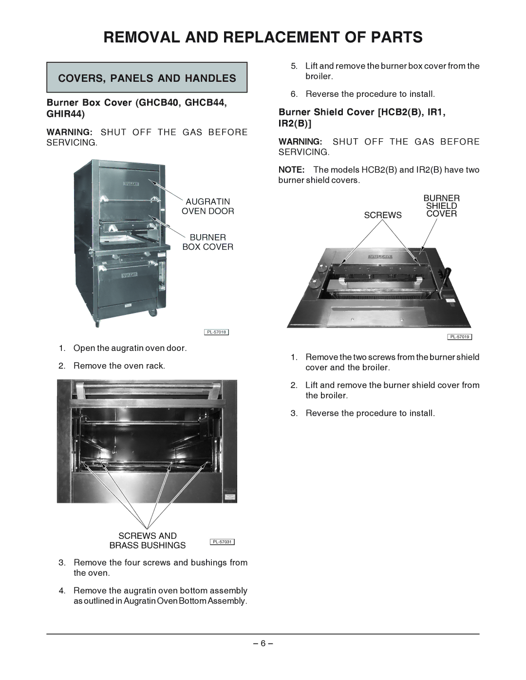 Vulcan-Hart ML-52201 Removal and Replacement of Parts, COVERS, Panels and Handles, Burner Box Cover GHCB40, GHCB44, GHIR44 