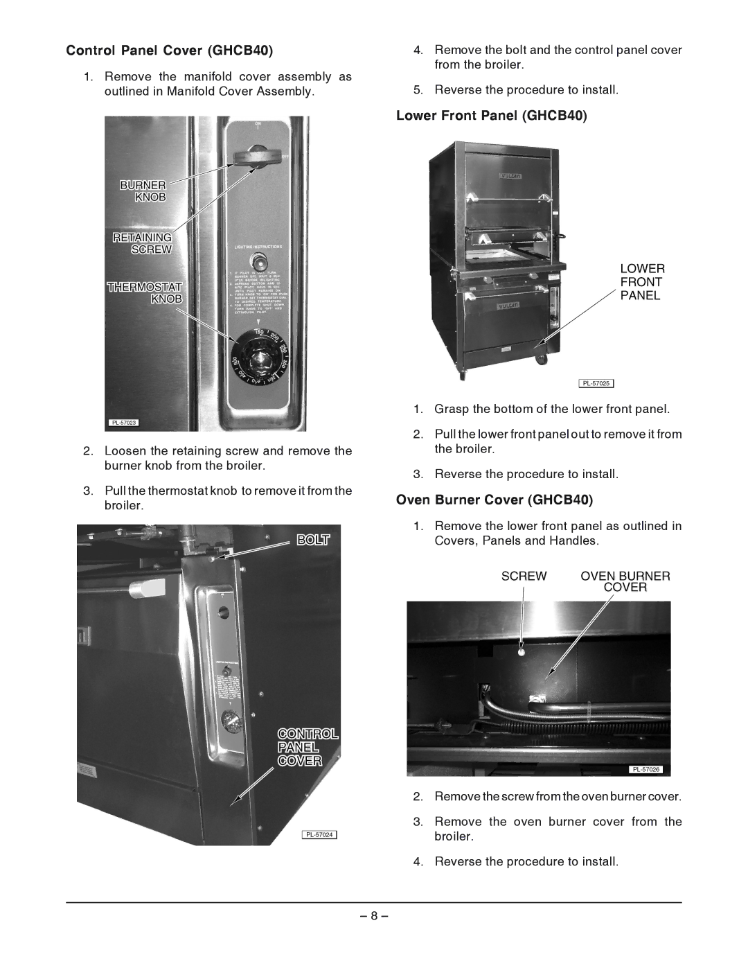 Vulcan-Hart ML-052211, ML-052208, ML52210 Control Panel Cover GHCB40, Lower Front Panel GHCB40, Oven Burner Cover GHCB40 