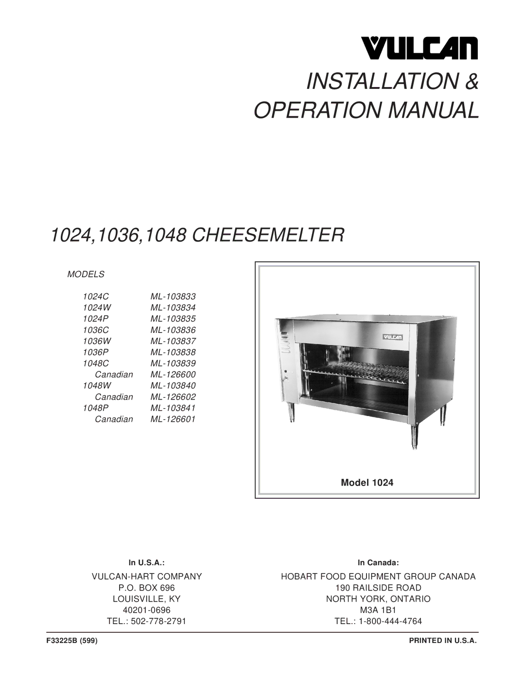 Vulcan-Hart ML-126600, ML-103838, ML-103836, ML-103837, ML-103839, ML-103835, 1048, 1024, 1036 operation manual Installation 