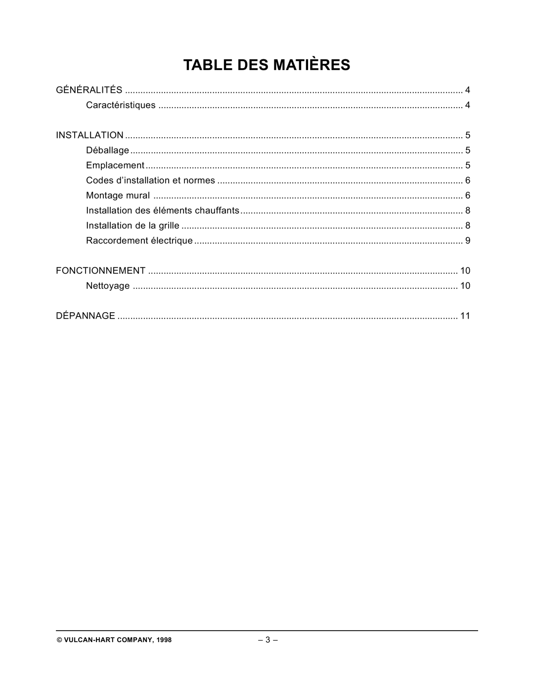 Vulcan-Hart 1048, ML-103838, ML-126600, ML-103836, ML-103837, ML-103839, ML-103835, 1024, 1036 operation manual Table DES Matières 