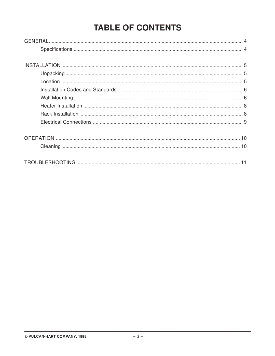 Vulcan-Hart ML-103837, ML-103838, ML-126600, ML-103836, ML-103839, ML-103835, 1048, 1024, 1036 operation manual Table of Contents 