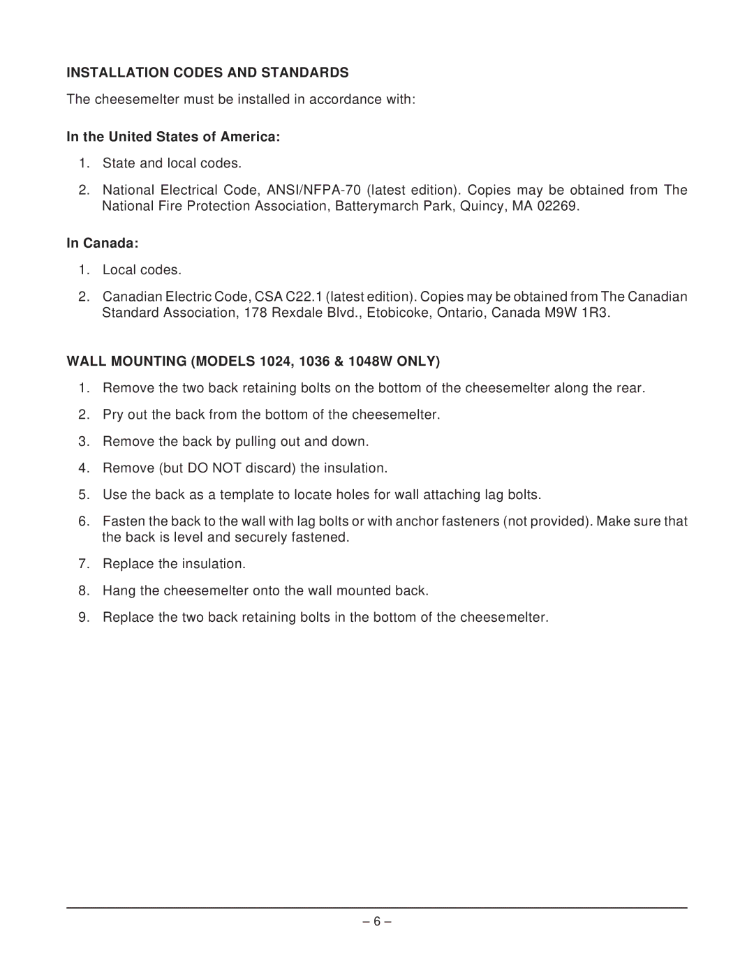 Vulcan-Hart 1048, ML-103838, ML-126600, ML-103836, ML-103837, 1024 Installation Codes and Standards, United States of America 