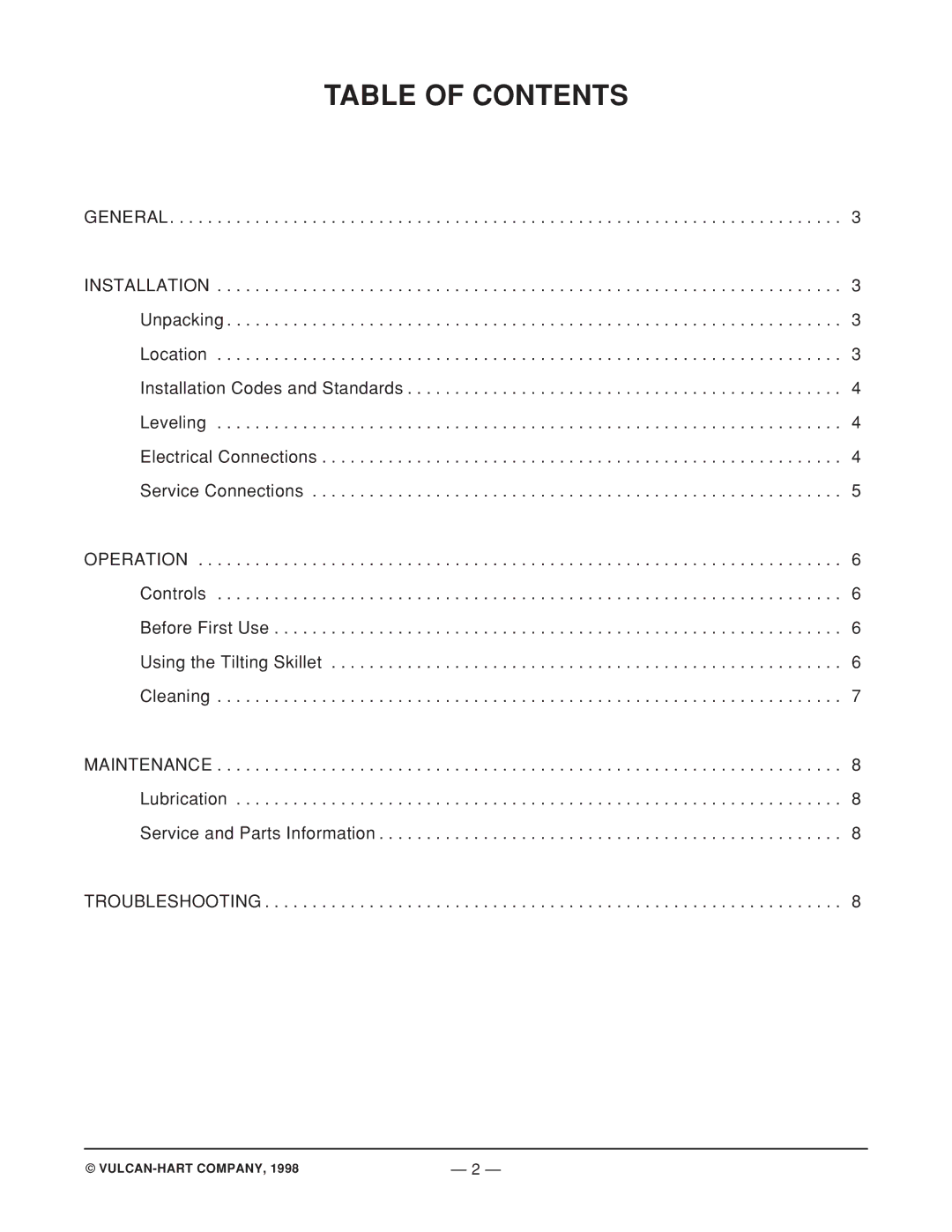 Vulcan-Hart ML-114826, VETRS35 operation manual Table of Contents 