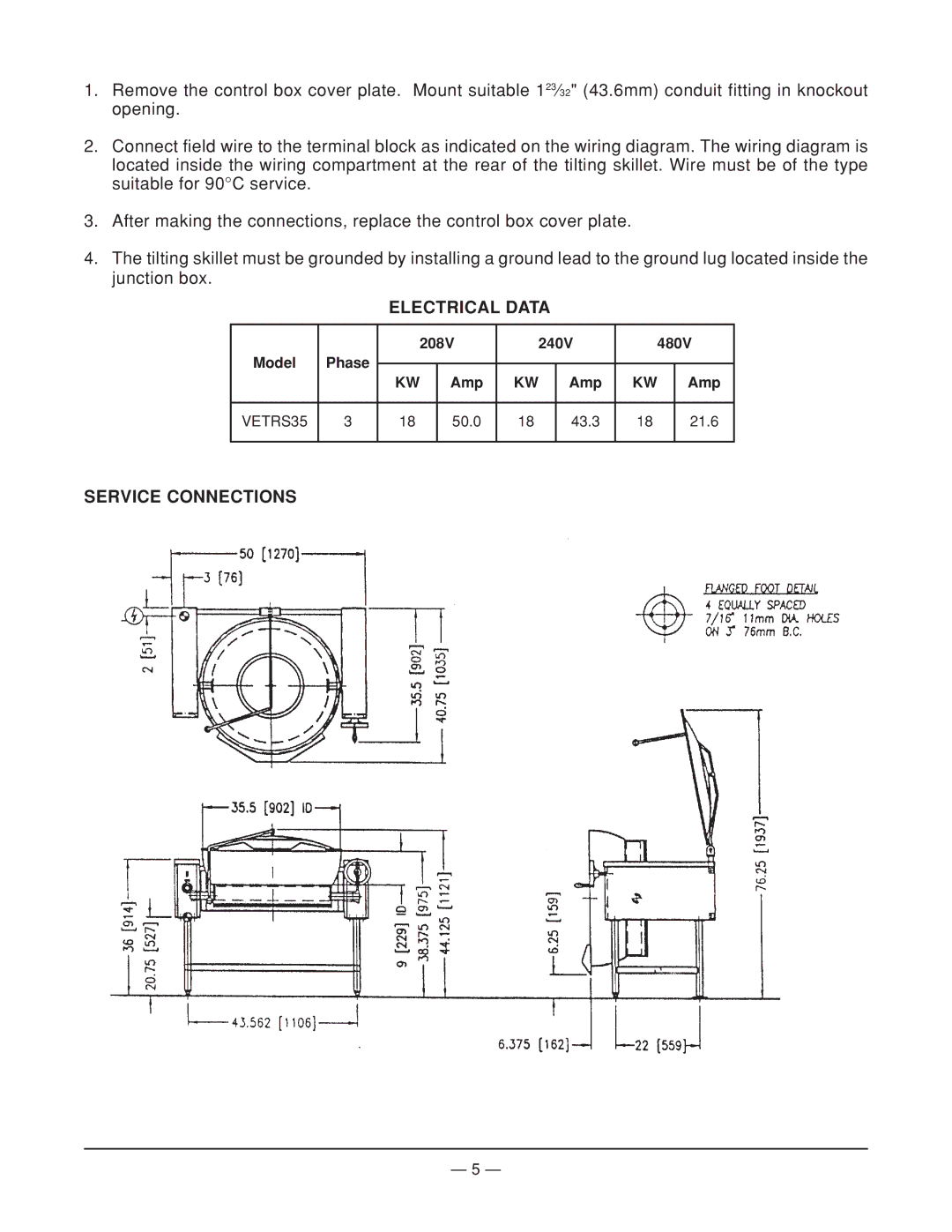 Vulcan-Hart VETRS35, ML-114826 operation manual Electrical Data, Service Connections 