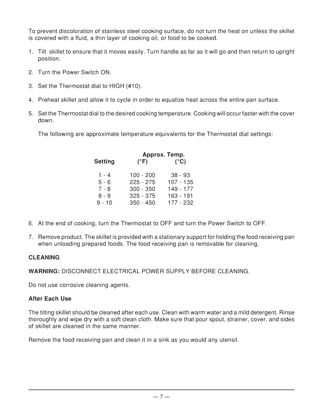 Vulcan-Hart VETRS35, ML-114826 operation manual Approx. Temp Setting F C, Cleaning, After Each Use 