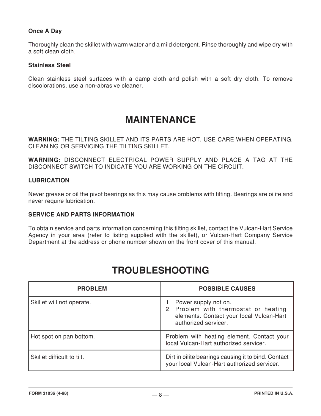 Vulcan-Hart ML-114826 Maintenance, Troubleshooting, Lubrication, Service and Parts Information, Problem Possible Causes 