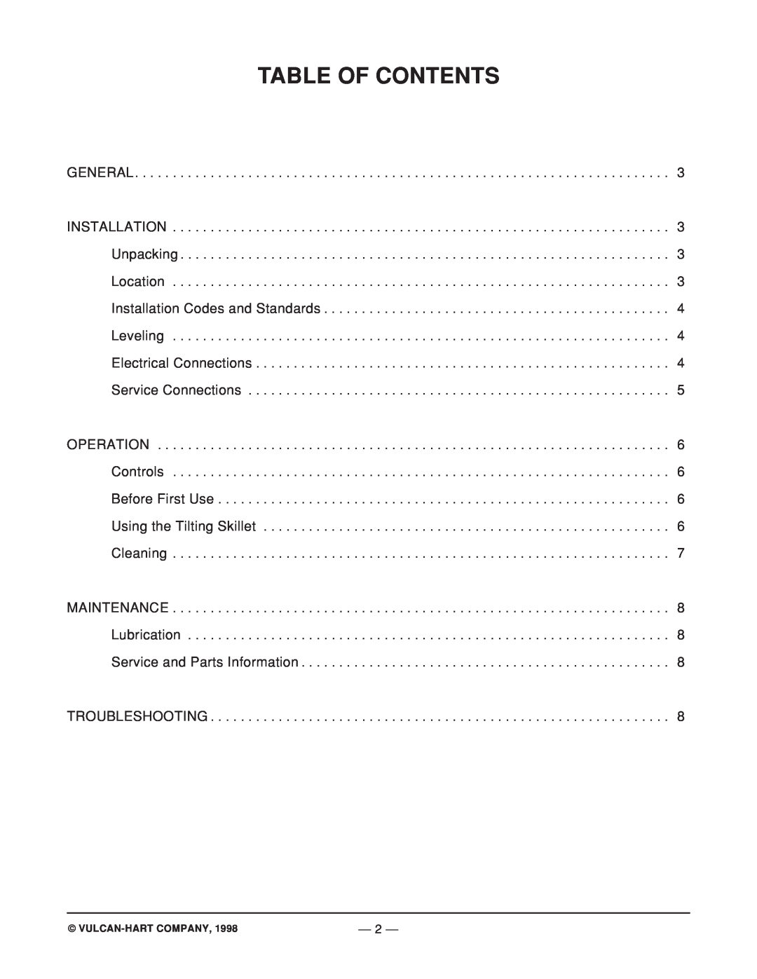 Vulcan-Hart ML-114826, VETRS35 operation manual Table Of Contents 