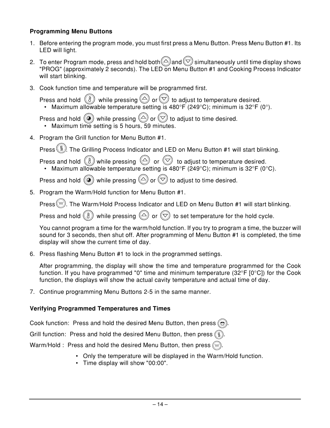 Vulcan-Hart ML-126211, ML-126210, ML-126451, ML-126209 Programming Menu Buttons, Verifying Programmed Temperatures and Times 