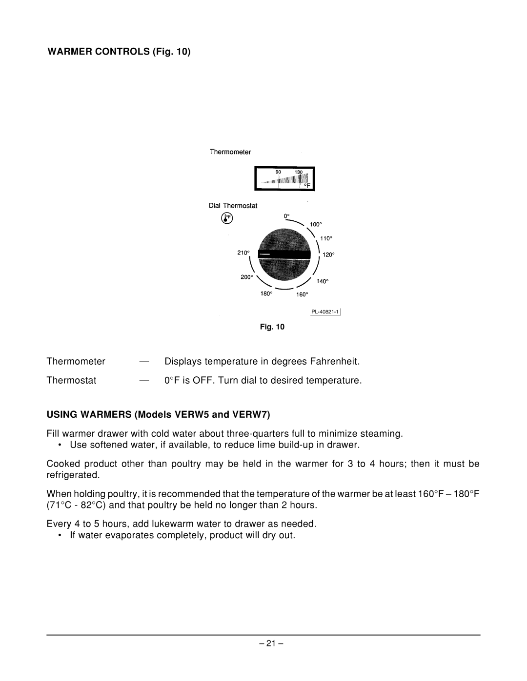 Vulcan-Hart ML-126212, ML-126210, ML-126451, ML-126209, ML-126450 Warmer Controls Fig, Using Warmers Models VERW5 and VERW7 