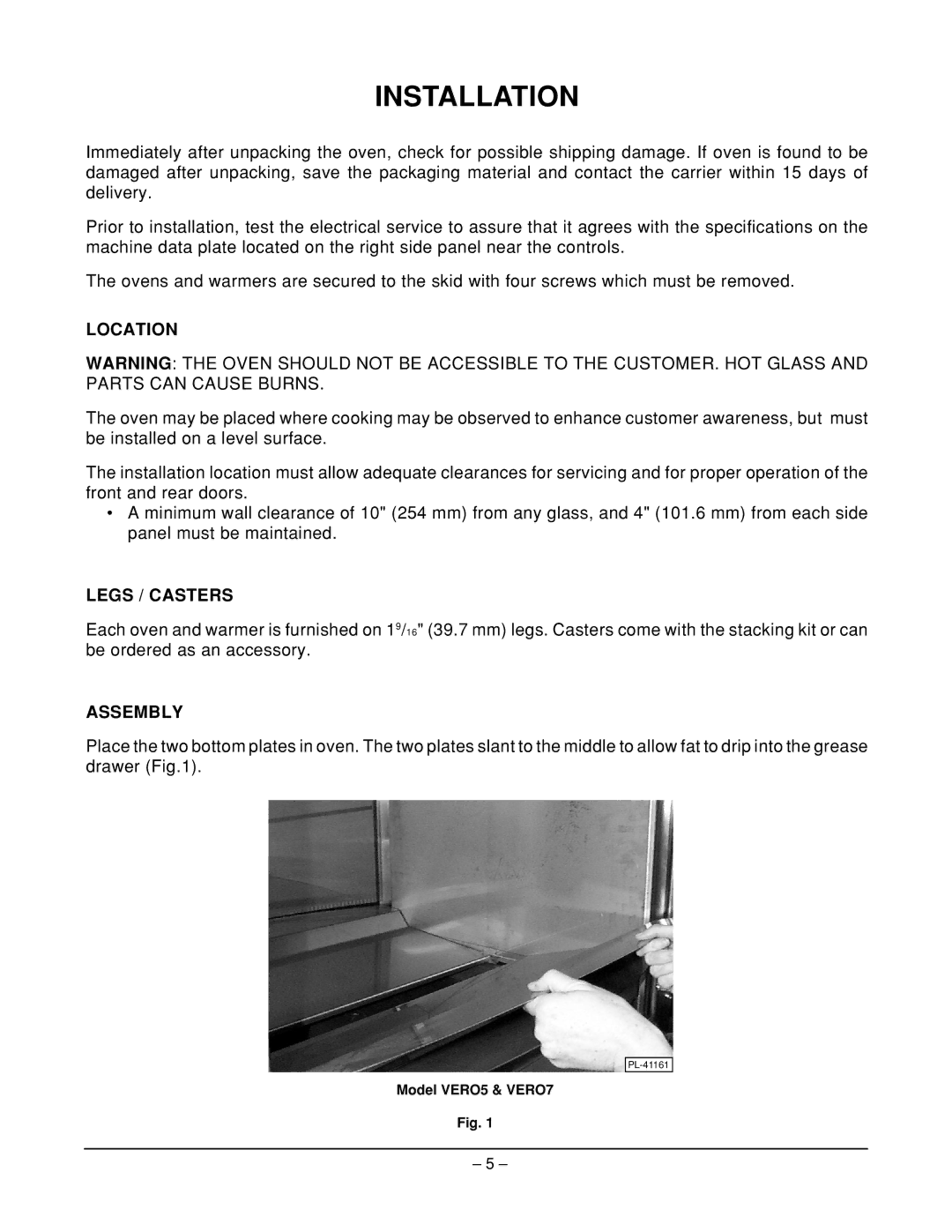 Vulcan-Hart ML-126212, ML-126210, ML-126451, ML-126209, ML-126450, ML-126452 Installation, Location, Legs / Casters, Assembly 