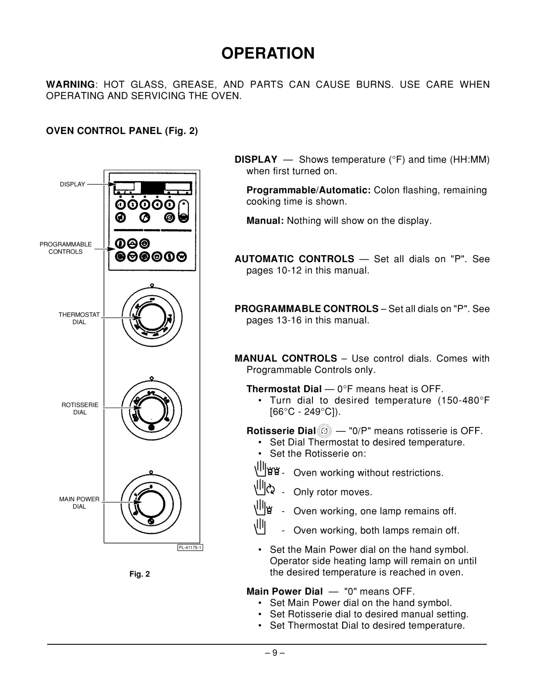 Vulcan-Hart ML-126451, ML-126210, ML-126209, ML-126450 manual Operation, Oven Control Panel Fig, Main Power Dial 0 means OFF 