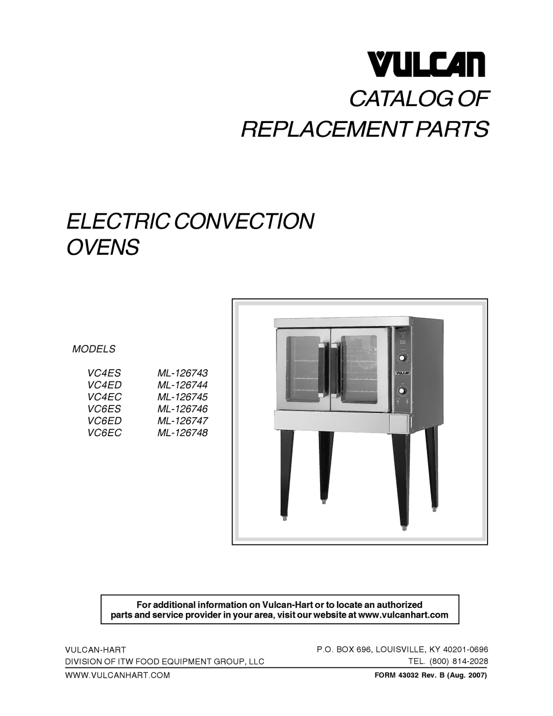 Vulcan-Hart ML-126746, ML-126743 manual Catalog Replacement Parts Electric Convection Ovens, Form 43032 Rev. B Aug 