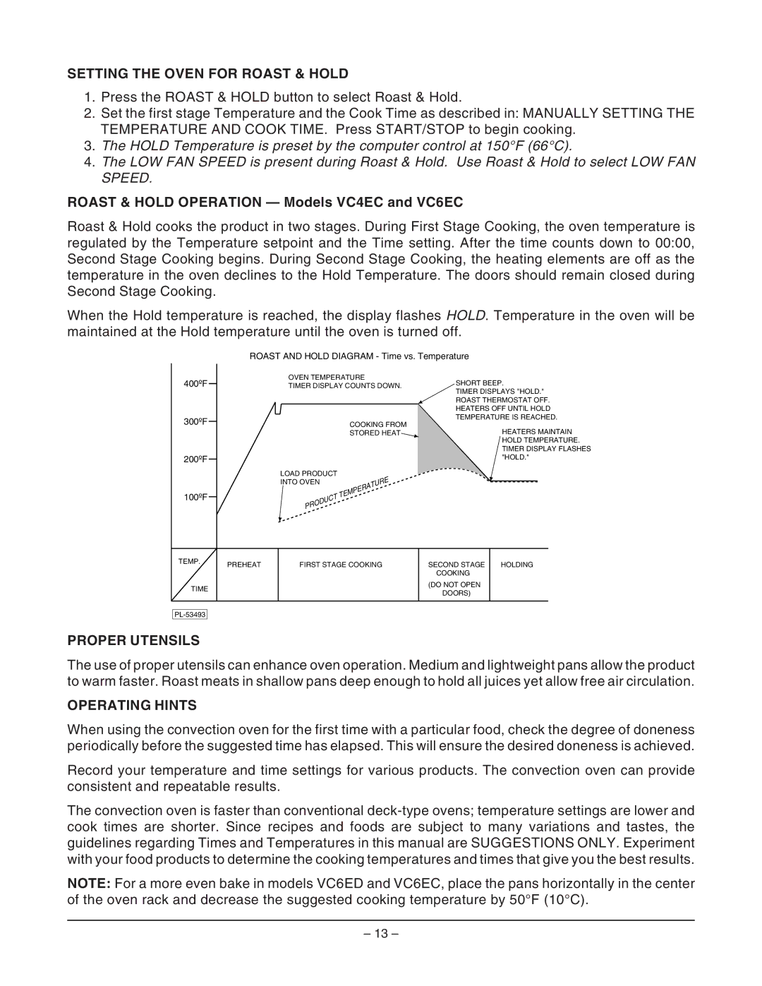 Vulcan-Hart ML-126745 Setting the Oven for Roast & Hold, Roast & Hold Operation Models VC4EC and VC6EC, Proper Utensils 