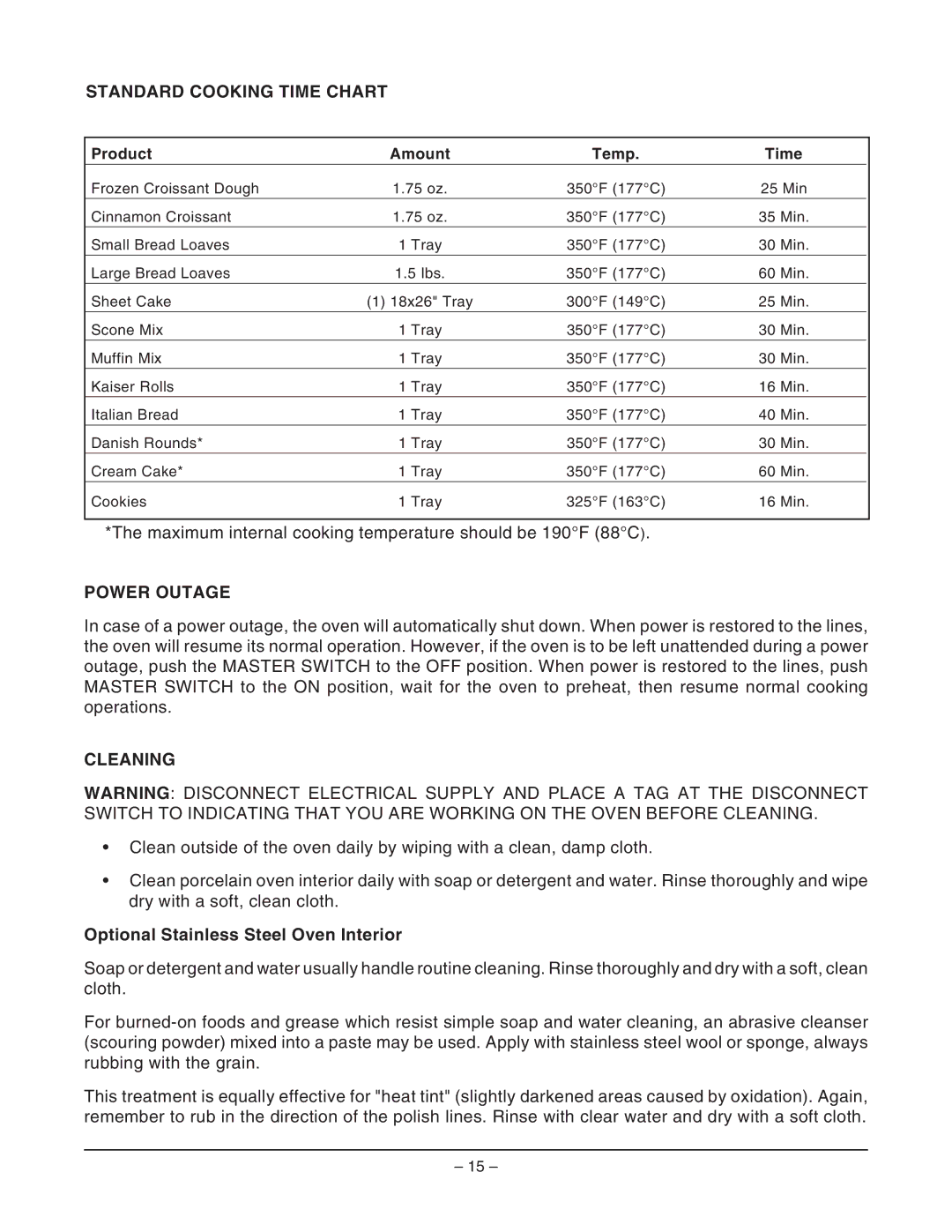 Vulcan-Hart ML-126747, VC4EC Standard Cooking Time Chart, Power Outage, Cleaning, Optional Stainless Steel Oven Interior 