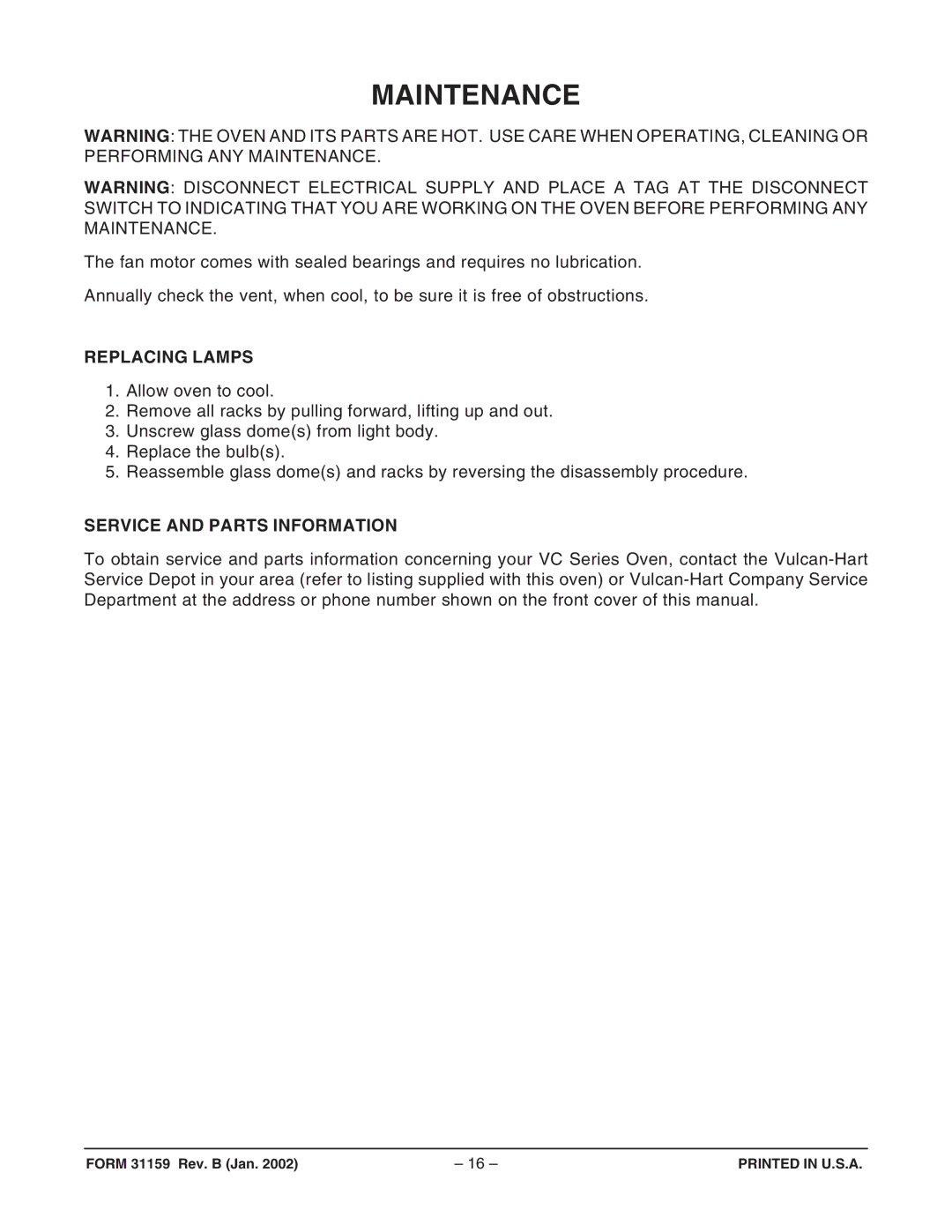 Vulcan-Hart VC4EC, ML-126748, ML-126745, ML-126744, ML-126747 Maintenance, Replacing Lamps, Service and Parts Information 