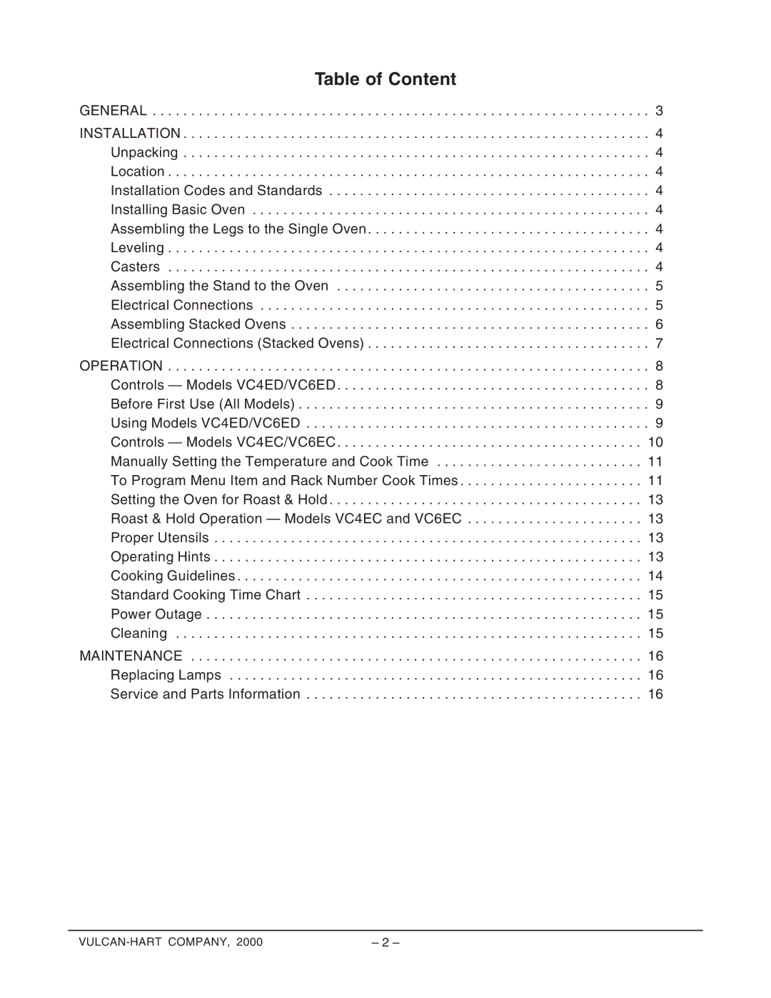 Vulcan-Hart ML-126744, ML-126748, ML-126745, ML-126747, VC4EC, C4ED operation manual Table of Content 