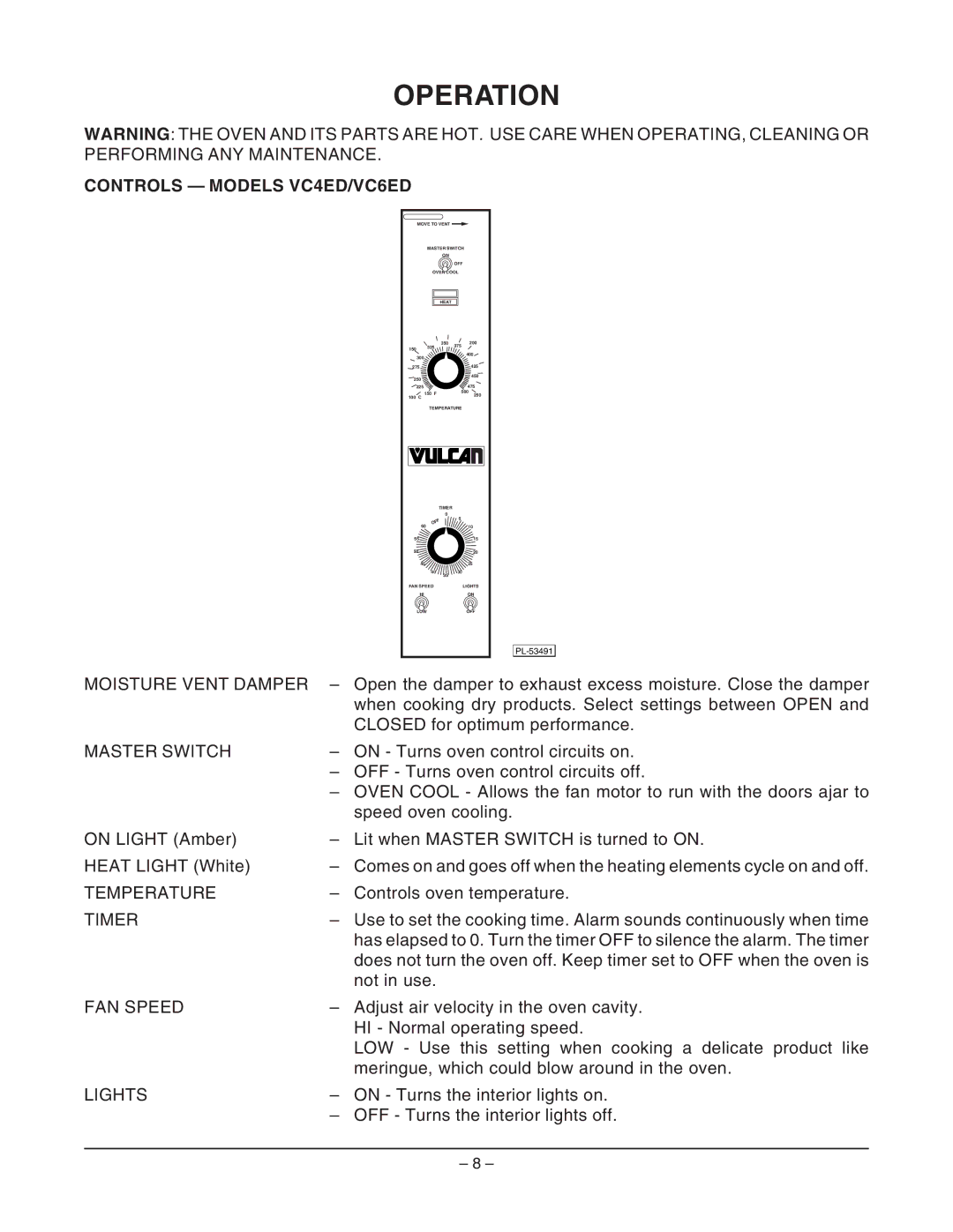 Vulcan-Hart ML-126744, ML-126748, ML-126745, ML-126747, VC4EC operation manual Operation, Controls Models VC4ED/VC6ED 