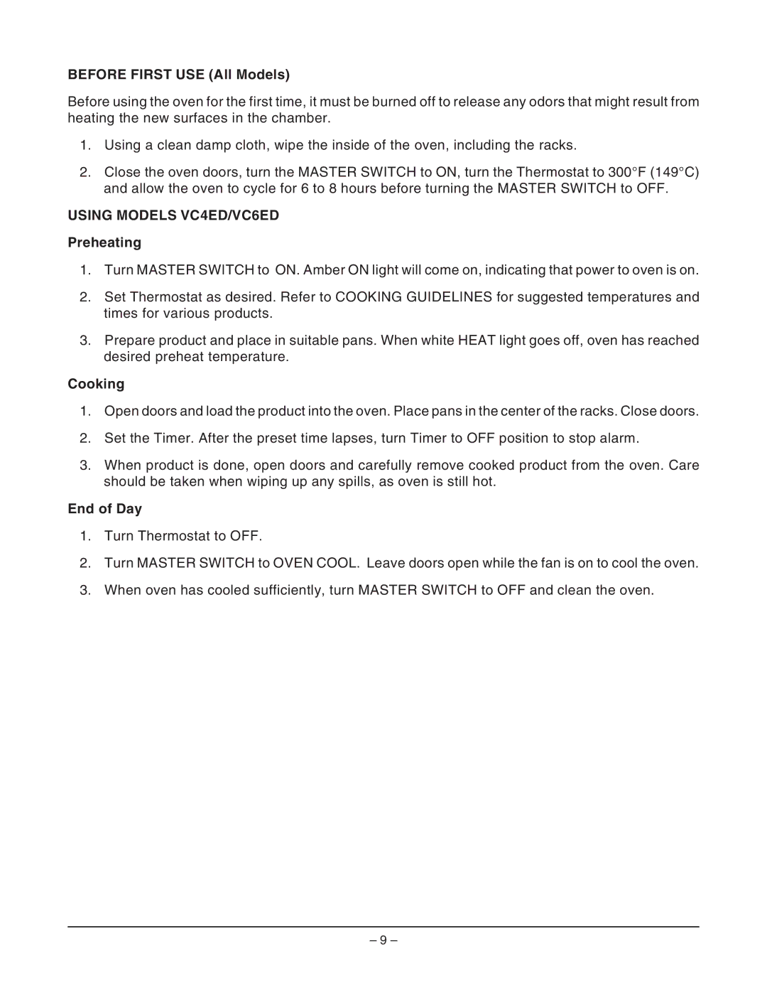 Vulcan-Hart ML-126747, ML-126748 Before First USE All Models, Using Models VC4ED/VC6ED, Preheating, Cooking, End of Day 
