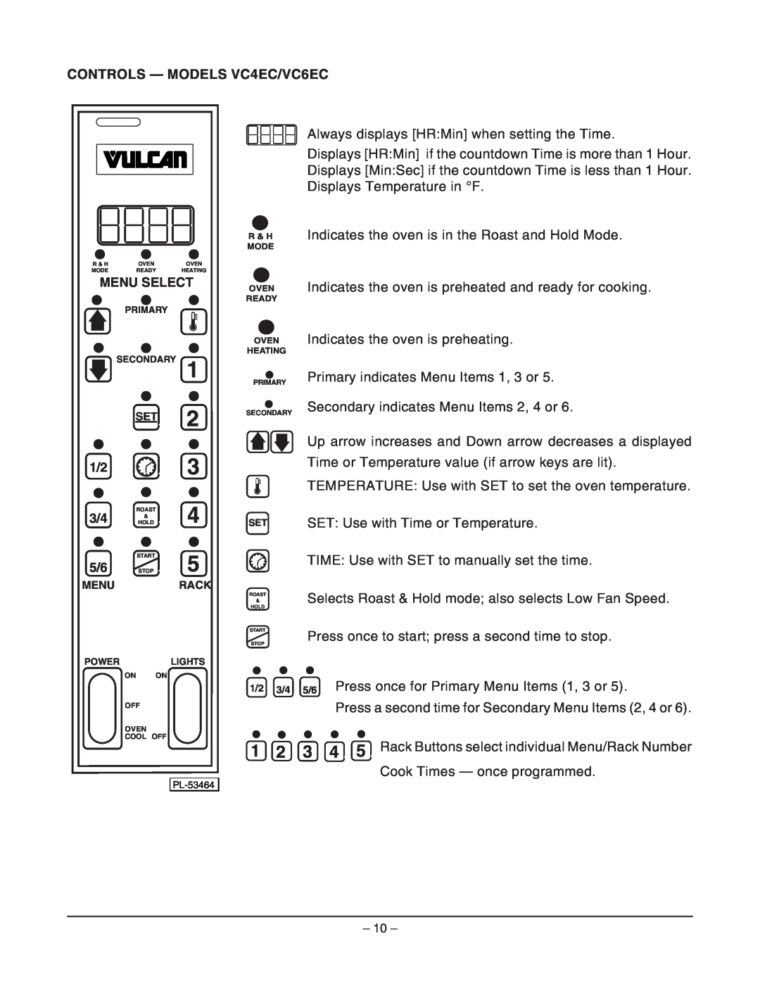 Vulcan-Hart ML-126748, ML-126745, ML-126744, ML-126747, C4ED operation manual CONTROLS - MODELS VC4EC/VC6EC 