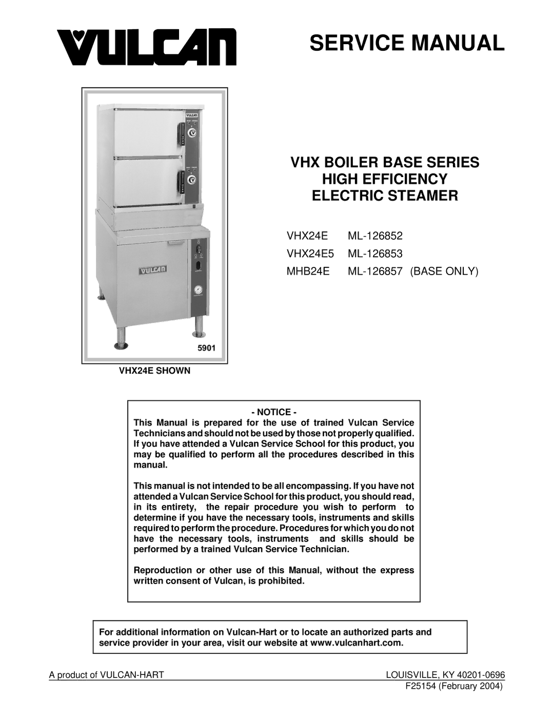 Vulcan-Hart ML-126853, ML-126857, VHX24E5 manual VHX Boiler Base Series High Efficiency Electric Steamer, VHX24E Shown 