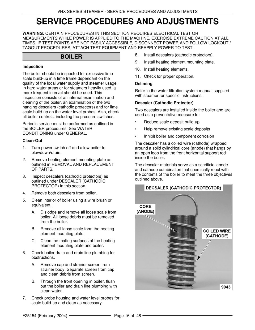 Vulcan-Hart ML-126853, ML-126857, VHX24E5, MHB24E, ML-126852 manual Service Procedures and Adjustments, Boiler 