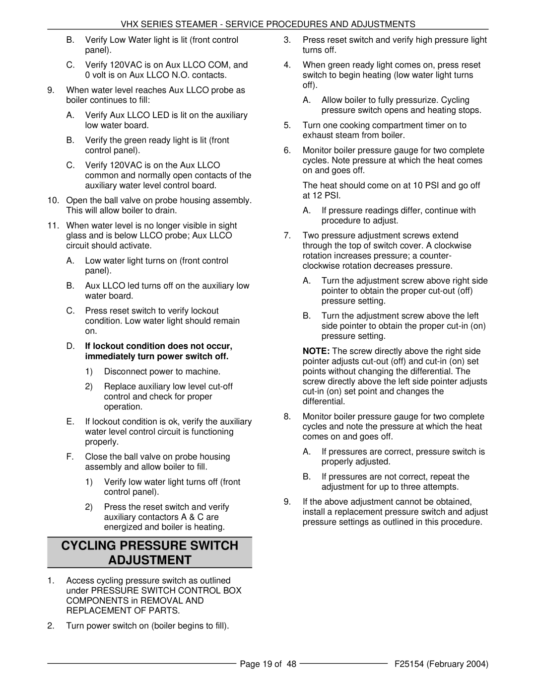 Vulcan-Hart ML-126852, ML-126857, ML-126853, VHX24E5, MHB24E manual Cycling Pressure Switch Adjustment 