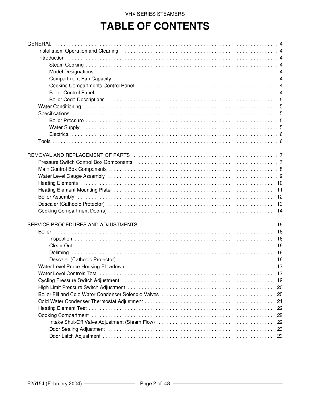 Vulcan-Hart VHX24E5, ML-126857, ML-126853, MHB24E, ML-126852 manual Table of Contents 