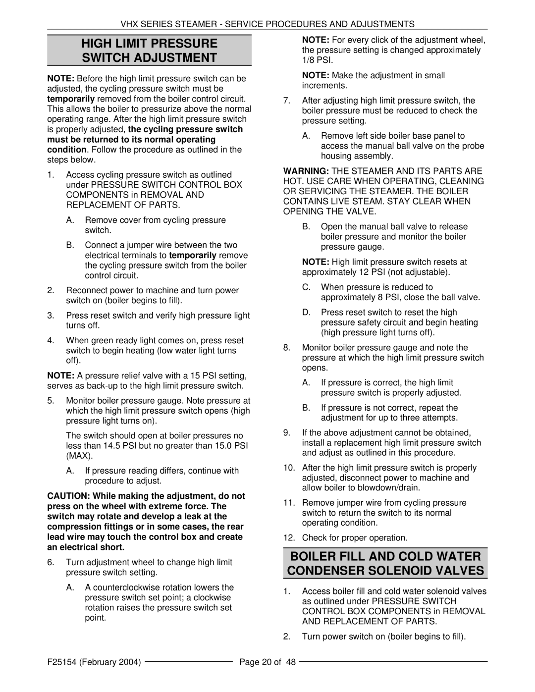 Vulcan-Hart ML-126857, VHX24E5 High Limit Pressure Switch Adjustment, Boiler Fill and Cold Water Condenser Solenoid Valves 