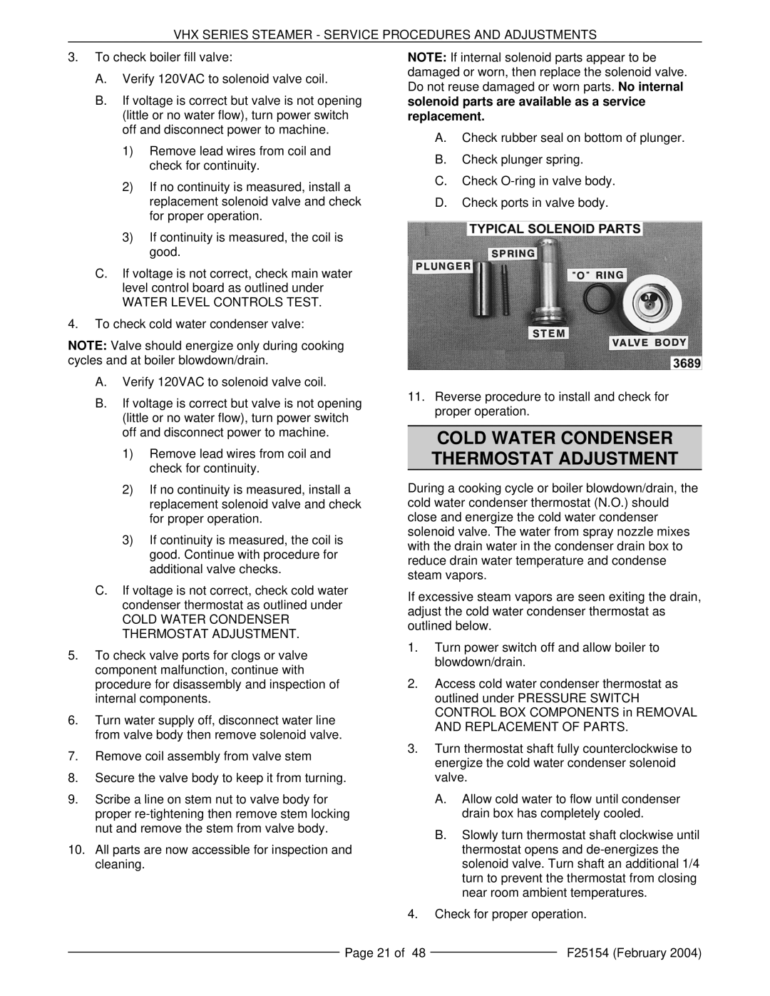 Vulcan-Hart ML-126853, ML-126857, VHX24E5, MHB24E, ML-126852 manual Cold Water Condenser Thermostat Adjustment 