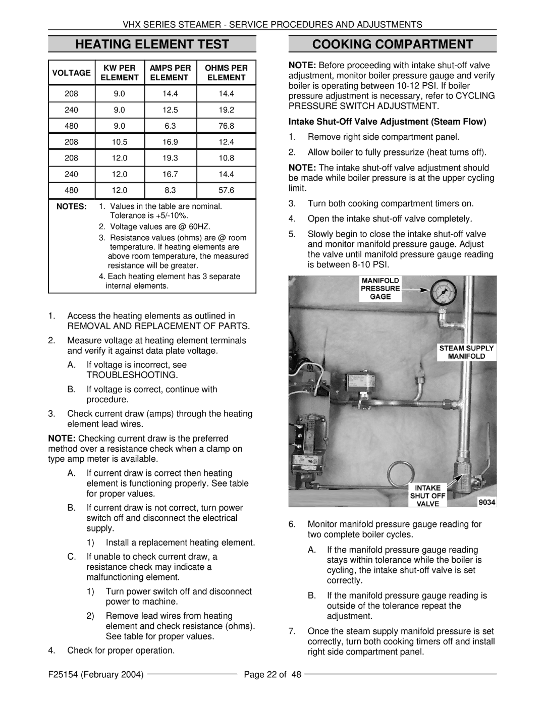 Vulcan-Hart VHX24E5, ML-126857 manual Heating Element Test, Cooking Compartment, Intake Shut-Off Valve Adjustment Steam Flow 