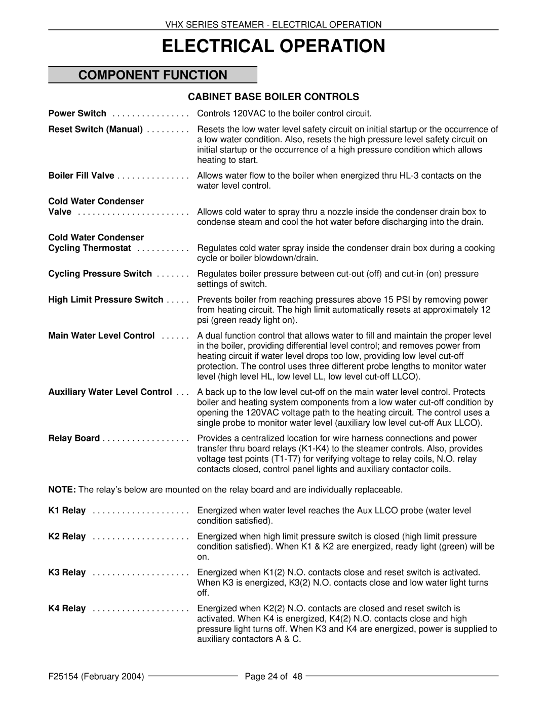 Vulcan-Hart ML-126852, ML-126857 manual Electrical Operation, Component Function, Reset Switch Manual, Cold Water Condenser 