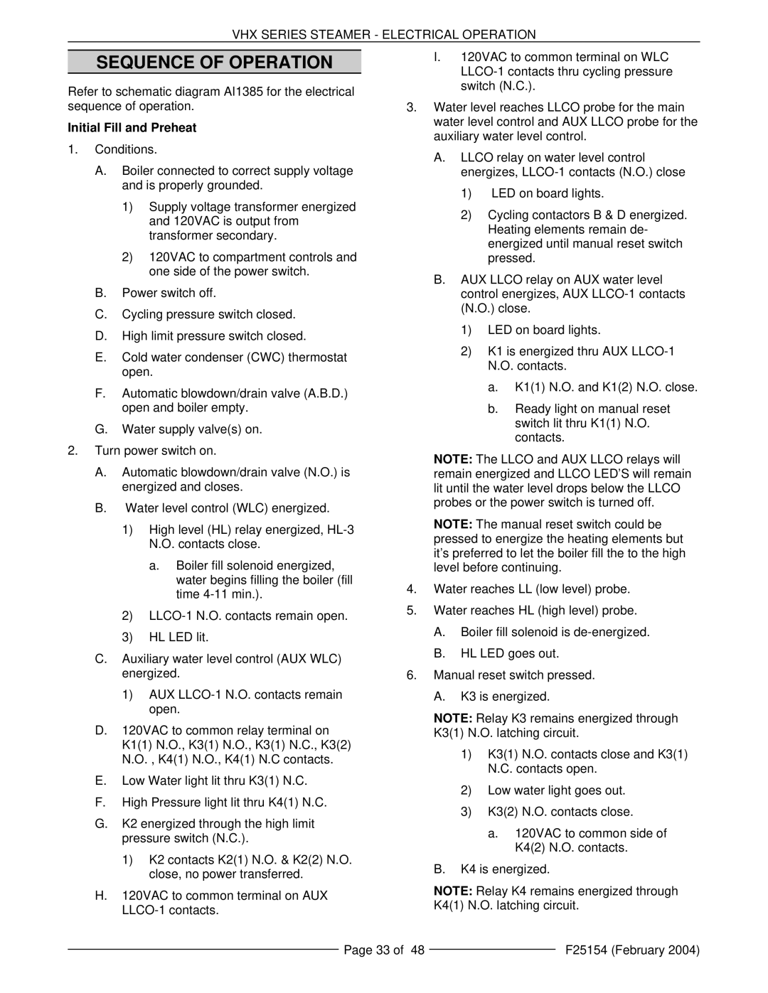 Vulcan-Hart MHB24E, ML-126857, ML-126853, VHX24E5, ML-126852 manual Sequence of Operation, Initial Fill and Preheat 