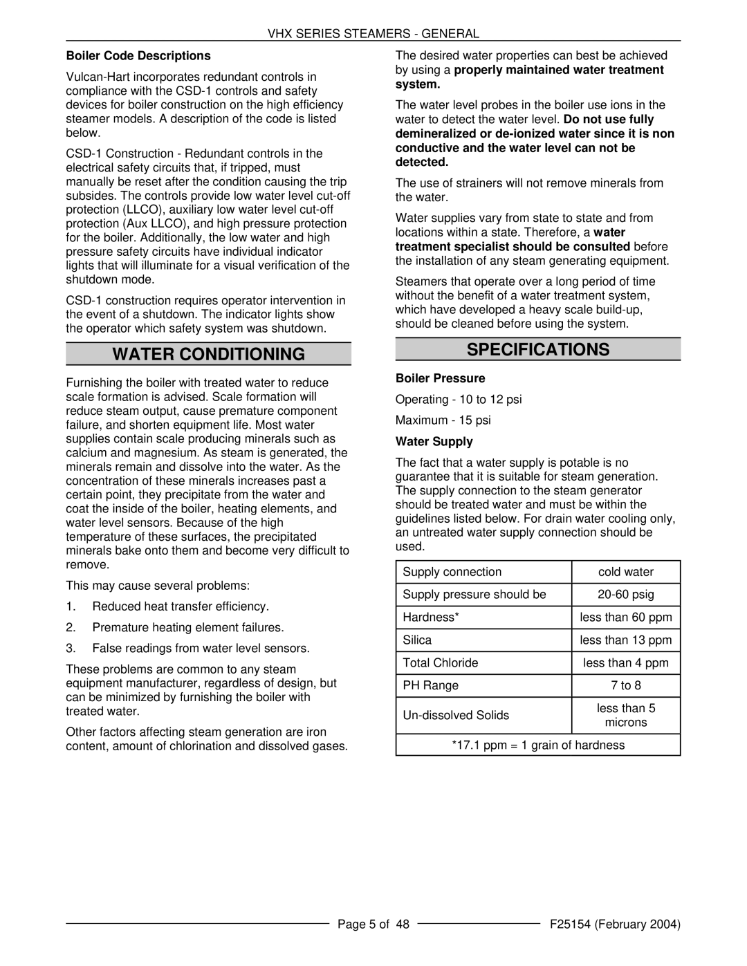 Vulcan-Hart ML-126857, VHX24E5 Water Conditioning, Specifications, Boiler Code Descriptions, Boiler Pressure, Water Supply 