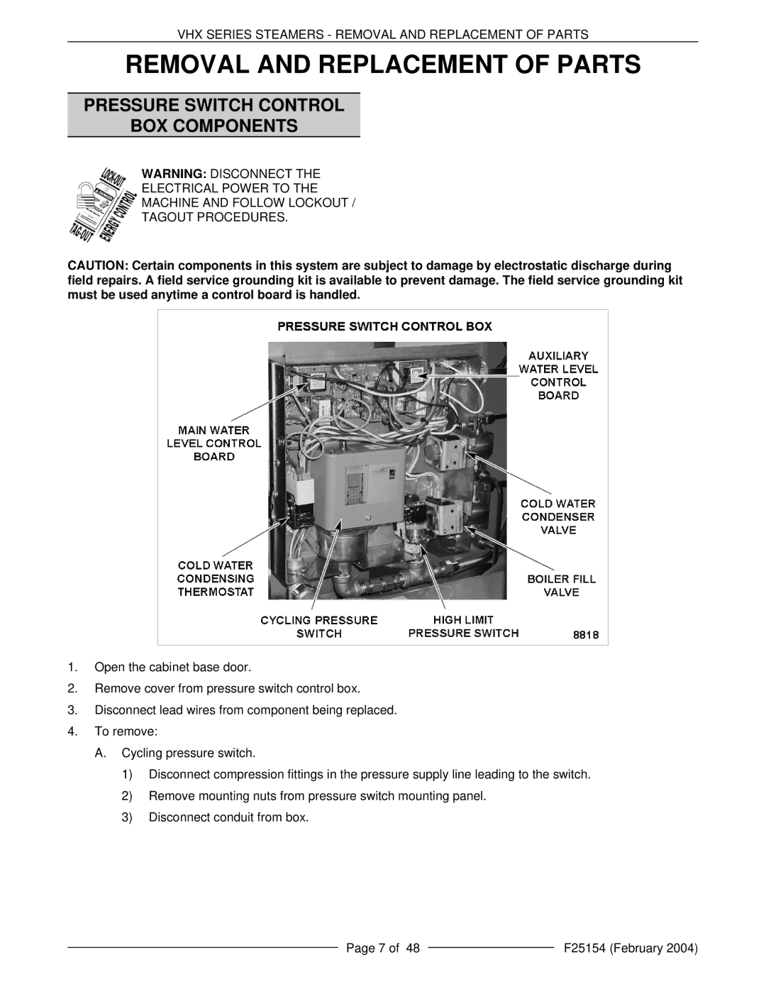 Vulcan-Hart VHX24E5, ML-126857, ML-126853, MHB24E Removal and Replacement of Parts, Pressure Switch Control BOX Components 