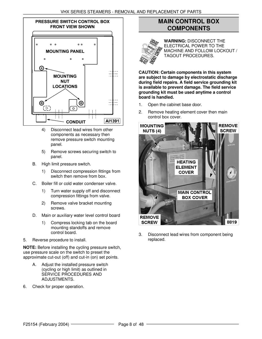 Vulcan-Hart MHB24E, ML-126857, ML-126853, VHX24E5, ML-126852 manual Main Control BOX Components 