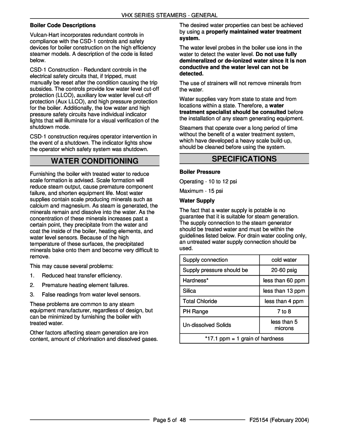 Vulcan-Hart ML-126857, VHX24E5 Water Conditioning, Specifications, Boiler Code Descriptions, Boiler Pressure, Water Supply 